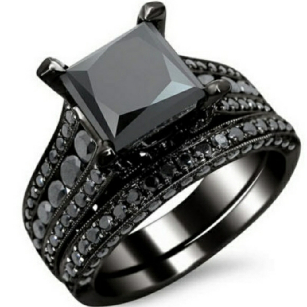 NEW BLACK GRAY GOTHIC WEDDING BAND ENGAGEMENT SET
